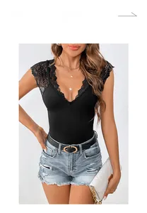 Close-up of black V-neck bodysuit with eyelash lace trim and ribbed texture fabric
