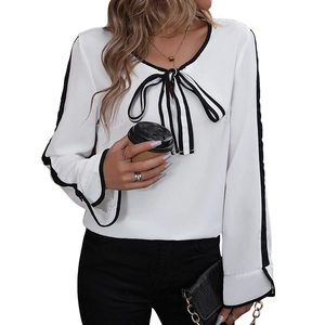Elegant white chiffon long sleeve blouse with black piping trim and bow tie neckline