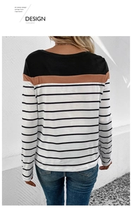 Rear view of long sleeve t-shirt with color block stripes and casual crew neck design