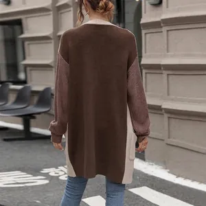 Three-tone color block oversized knit cardigan with pockets and long sleeves for autumn