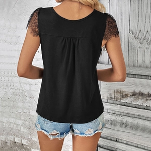 Women's black sleeveless top featuring lace embroidery and pleated back detail