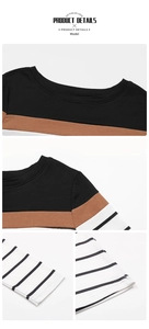 Detail view of round neck and striped sleeves on casual color block long sleeve shirt
