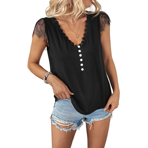 Women's black V-neck top with lace hollow shoulder detail and white buttons decoration