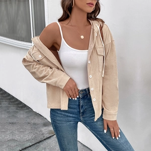 Women's khaki corduroy hooded jacket with white drawstrings and buttons in a casual style