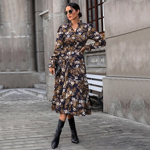 Women Elegant Floral Printed Long Sleeve Dress V Neck Ruffle Tiered Cake Midi Dress Navy Blue Polyester Commute Dress