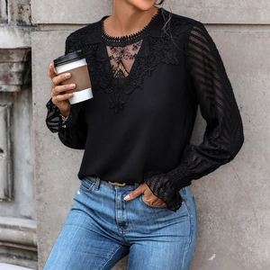 Detail of lace V-neckline and sheer mesh sleeves on a black elegant blouse