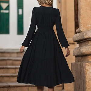 Elegant black V-neck tiered maxi dress with high elastic waist and long sleeves