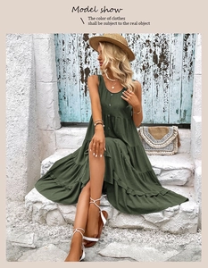 Detail of olive green tiered ruffle sleeveless dress with button neckline and linen texture