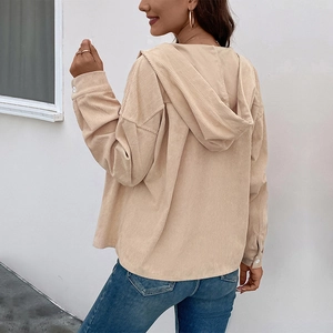 Women's vintage corduroy hooded jacket in beige with a casual loose fit design