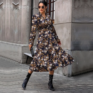 Floral print V-neck maxi dress in navy blue with tiered skirt and long sleeves
