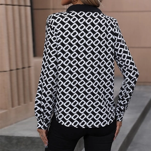 Women's long sleeve slim shirt featuring black and white geometric chain print and lapel