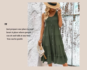 Detail of dark green sleeveless dress featuring textured cotton fabric and buttoned bodice