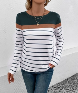 Close-up of color-block patchwork detail on a striped crewneck long sleeve t-shirt
