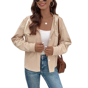 Women's vintage khaki corduroy hooded jacket with flap pockets and drawstring hem