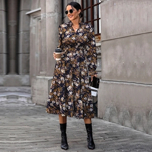 Floral V-neck tiered midi dress in navy blue with long sleeves and layered skirt