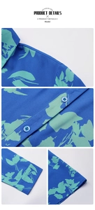 Detail view of collared A-line dress featuring blue floral print and button-up closure