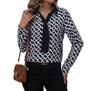 Women's long sleeve geometric chain print shirt with black V-neck collar and tie detail