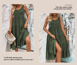 Detail view of army green sleeveless tiered dress featuring a button-down front and side slit