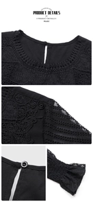 Detail of black lace stitching, sheer dot mesh texture, and button closure on shirt