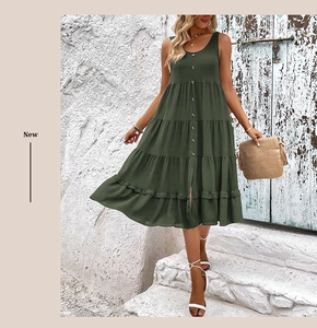Detail of dark green sleeveless tiered maxi dress with button-front and linen texture