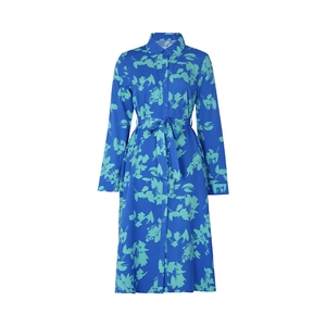 Detail of royal blue floral shirt dress featuring long sleeves and waist tie closure