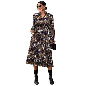Floral print V-neck midi dress with long sleeves and tiered skirt in earthy tones