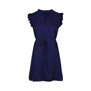 Detail of dark blue sleeveless dress showing elastic ruffled neckline and waist tie cord