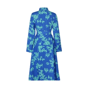 Rear view of long-sleeve A-line shirt dress with floral print and waist belt