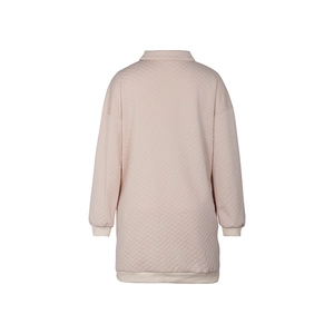 Rear view of long sleeve quilted sweatshirt dress with polo collar and ribbed cuffs