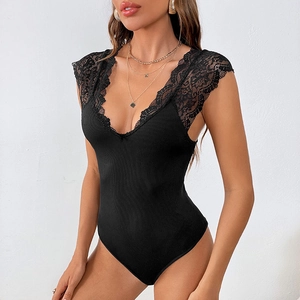 Women Sexy Lace Splicing Deep V-Neck Bodysuit Ribbed Sleeveless Slim Fit Summer Bodysuit Solid Color Elegant Streetwear Top