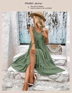 Detail of tiered sleeveless dress with buttons and textured fabric in olive green