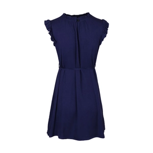 Detail view of the back collar button closure and ruffled sleeves on a navy blue dress