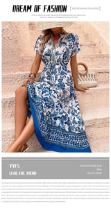 Close-up of blue floral maxi dress with white lace V-neckline and bohemian patterns