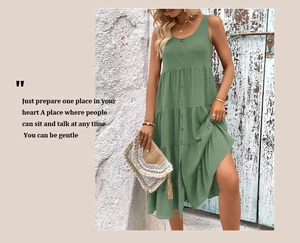 Detail of sage green sleeveless tiered maxi dress featuring button decor and linen texture