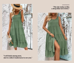 Detail of a grass green sleeveless tiered dress with buttons and a round neckline
