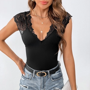 Slim fit black ribbed bodysuit with deep V-neck and delicate lace splicing trim