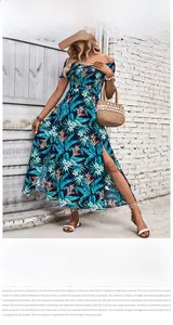 Detail of off-shoulder summer maxi dress featuring tropical floral print and side slit design