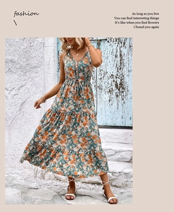 Macro detail of the V-neck with button row and floral print on summer maxi dress
