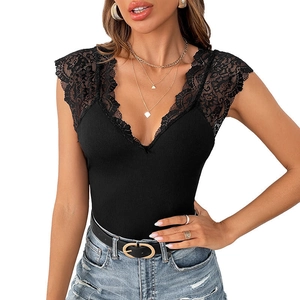 Sexy black V-neck bodysuit with lace splicing and slim fit ribbed fabric for women