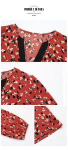 Detail of color-block V-neckline and elastic cuffs on a red floral casual blouse