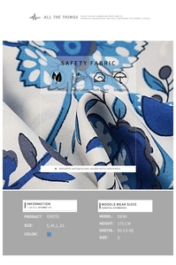 Detailed fabric texture of blue floral dress with size guide and model data