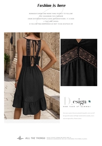 Close-up detail of lace拼接 and backless tie-up design on the black summer dress