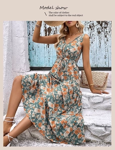 Detail of floral print sleeveless dress featuring V-neckline and waist tie design