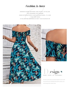 Detail of tropical floral print off-shoulder maxi dress with smocked bodice and ruffled cuffs