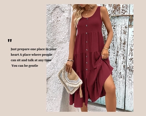 Detail view of burgundy sleeveless tiered midi dress featuring front buttons and tiered hem