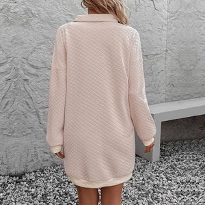 Pink quilted long sleeve dress with textured diamond pattern for casual women fashion