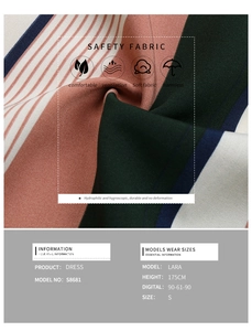 Detail of striped fabric texture on summer dress with size and model measurements guide