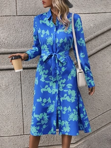 Elegant blue floral long sleeve shirt dress with lapel collar and waist tie belt