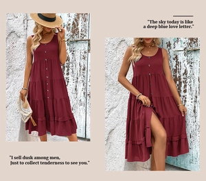Detail of burgundy sleeveless tiered dress with button decor and layered ruffle hemline
