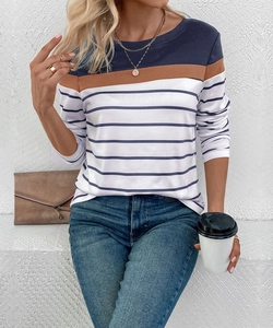 Detail of round neck long sleeve top with color block stripes and casual street style